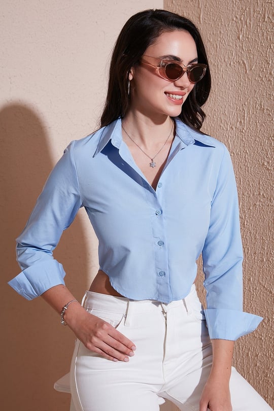 Pamuk Karışımlı Slim Fit Uzun Kollu Crop Kadın Gömlek 6777336 BEBE MAVİ