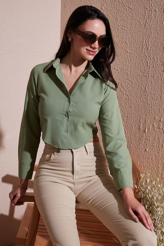 Pamuk Karışımlı Slim Fit Uzun Kollu Crop Kadın Gömlek 6777336 HAKİ