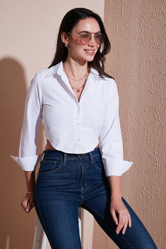 Pamuk Karışımlı Slim Fit Uzun Kollu Crop Kadın Gömlek 6777336 BEYAZ