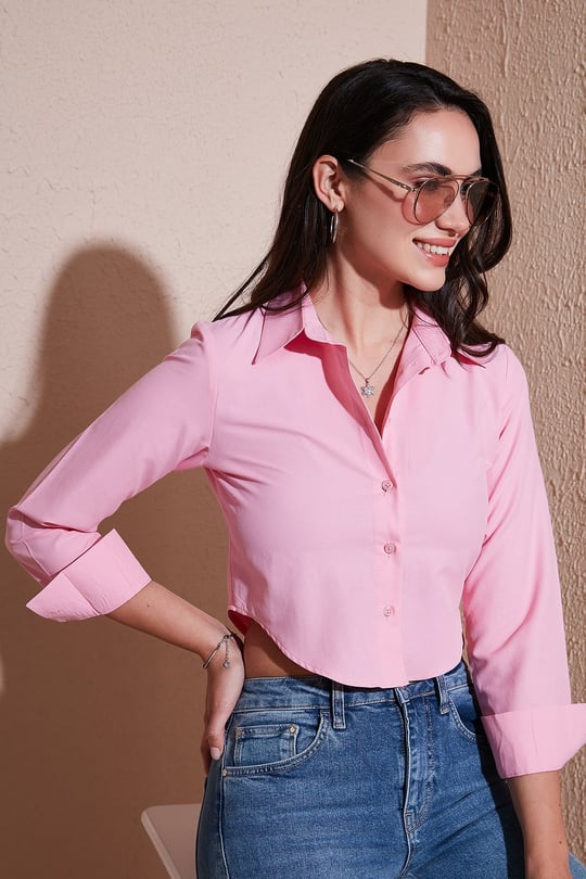 Pamuk Karışımlı Slim Fit Uzun Kollu Crop Kadın Gömlek 6777336 Şeker Pembe