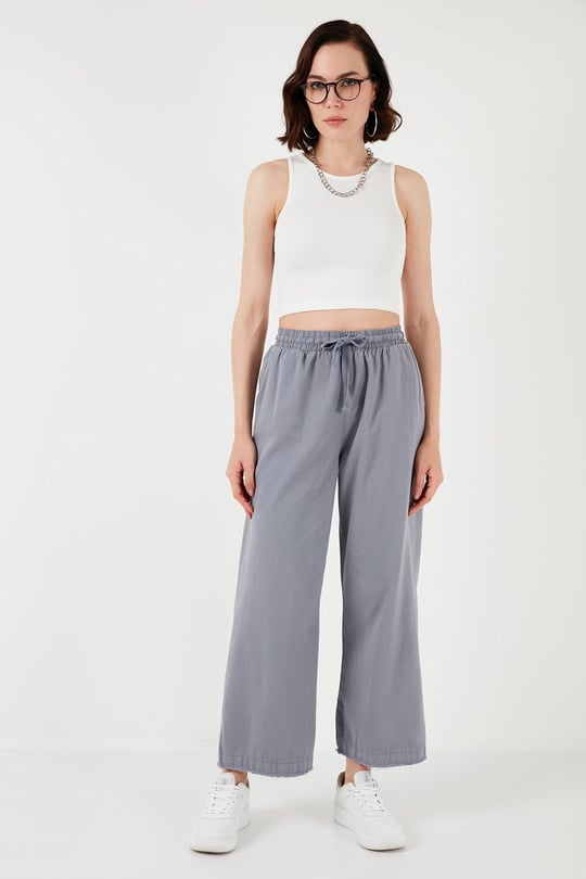 Pamuklu Belden Bağlamalı Yüksek Bel Geniş Paça Cepli Regular Fit Kadın Pantolon 668YP4760 GRİ
