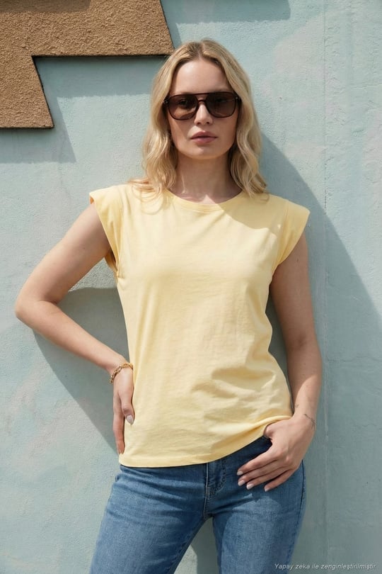 Pamuklu Bisiklet Yaka Kolsuz Kadın T Shirt 5864019 SARI