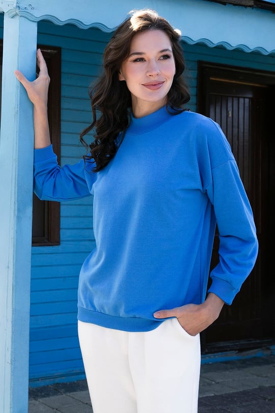 Lela Pamuklu Dik Yaka Basic Örme Kadın Sweat 5863323 TURKUAZ