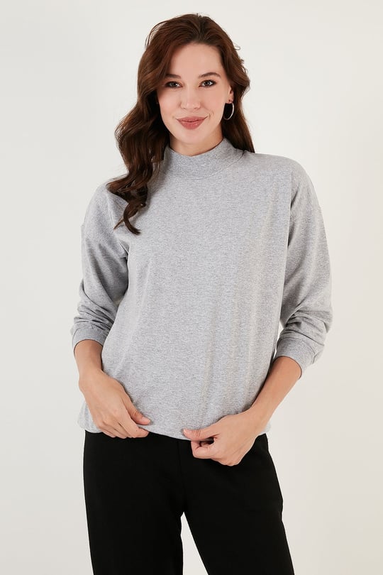 Pamuklu Dik Yaka Basic Örme Kadın Sweat 5863323 GRİ MELANJ