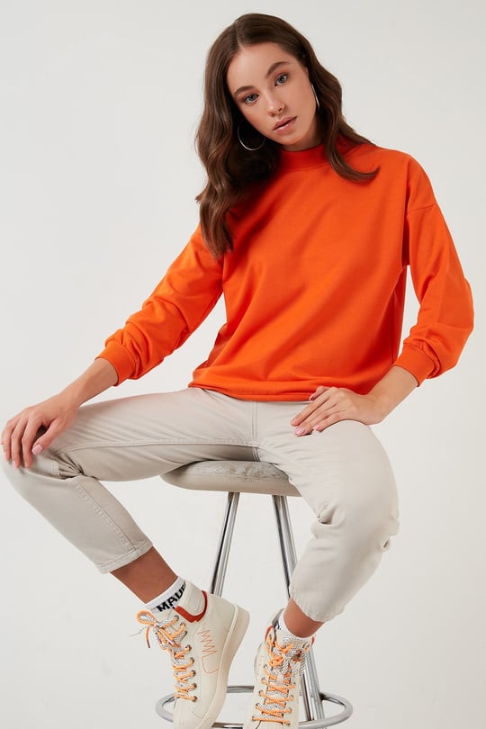 Pamuklu Dik Yaka Basic Örme Kadın Sweat 5863323 ORANJ