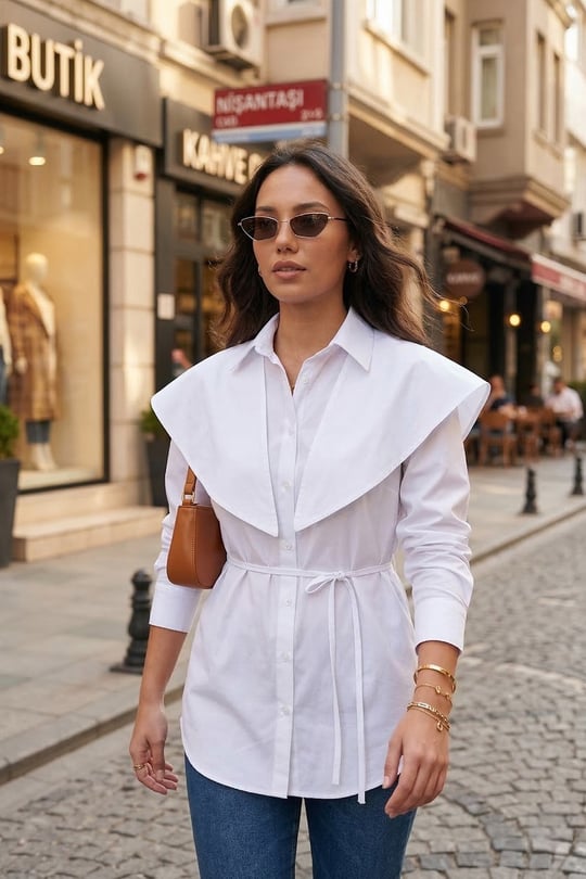 Pamuklu Pelerin Detaylı Regular Fit Uzun Kollu Kadın Gömlek 6774128 BEYAZ