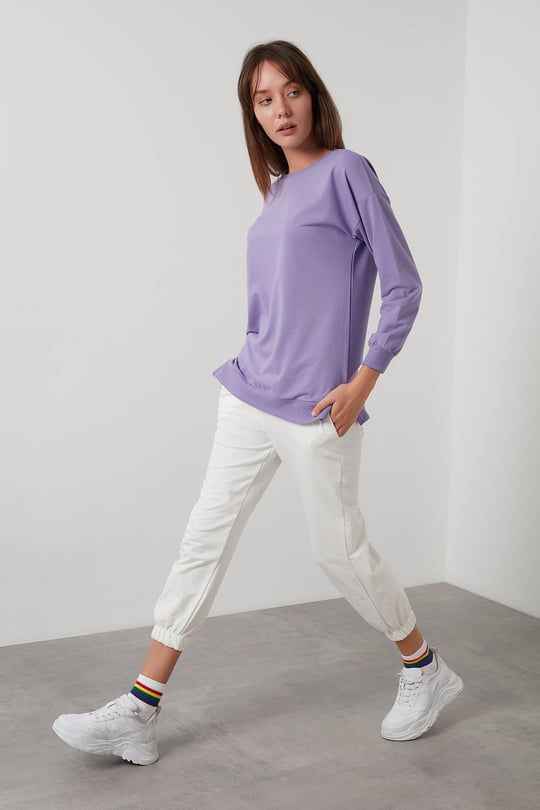Pamuklu Regular Fit Bisiklet Yaka Basic Kadın Sweat 5863569 LİLA
