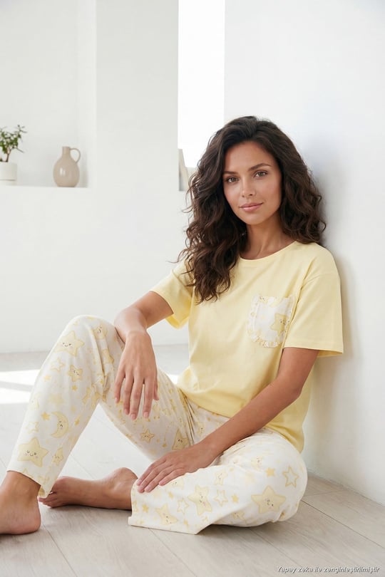 Pamuklu Regular Fit Bisiklet Yaka Cep Detaylı Kadın Pijama Takımı 6091325 SARI