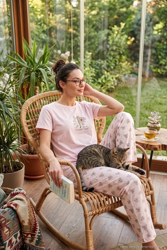 Pamuklu Regular Fit Desenli Bisiklet Yaka Kadın Pijama Takımı 65790784 PEMBE
