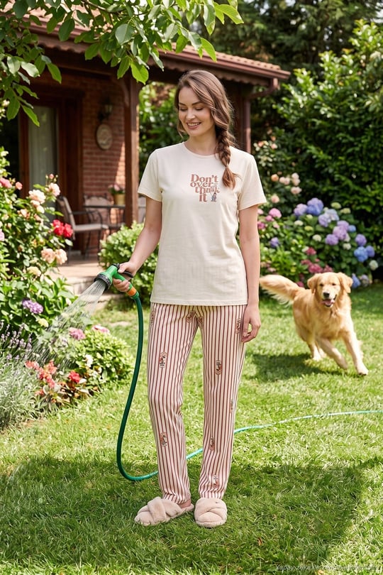 Pamuklu Regular Fit Desenli Bisiklet Yaka Kadın Pijama Takımı 65790784 EKRU-KAHVE