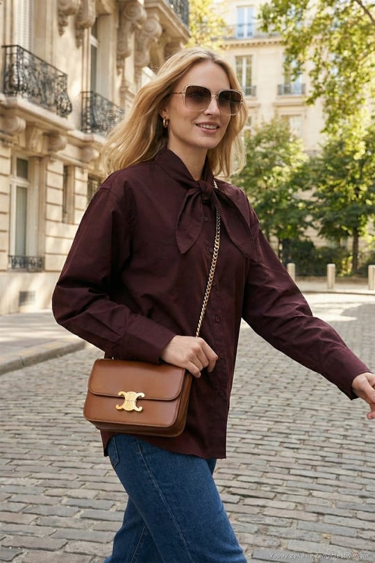 Pamuklu Relaxed Fit Fiyonk Detaylı Yaka Kadın Gömlek 6925407 MÜRDÜM