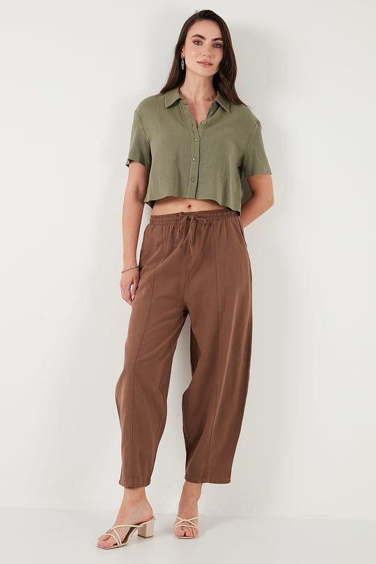 Pamuklu Relaxed Fit Normal Bel Daralan Paça Kadın Pantolon 668YP5198 KAHVE