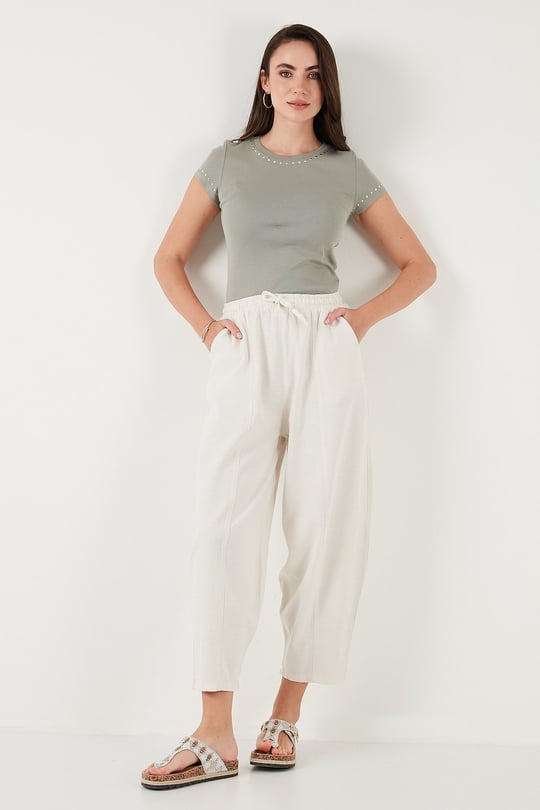 Pamuklu Relaxed Fit Normal Bel Daralan Paça Kadın Pantolon 668YP5198 TAŞ