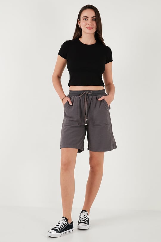 Pamuklu Relaxed Fit Yüksek Bel Cepli Mini Kadın Şort 668YP5384 ANTRASİT