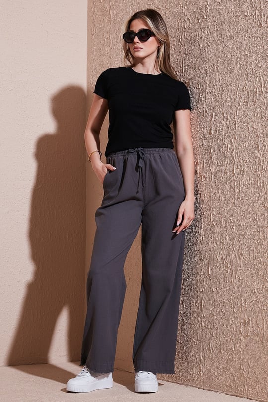 Pamuklu Relaxed Fit Yüksek Bel Geniş Paça Kadın Pantolon 668YP5275 ANTRASİT