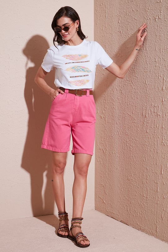 Pamuklu Relaxed Fit Yüksel Bel Kemerli Gabardin Short Kadın Şort 668YP4710 FUŞYA