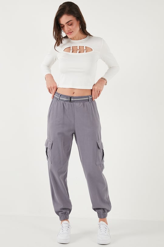 Pamuklu Standart Fit Normal Bel Lastikli Paça Kemerli Jogger Kadın Pantolon 668YP5045 GRİ