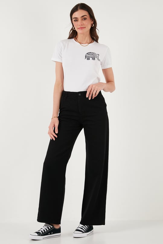Pamuklu Standart Fit Yüksek Bel Geniş Paça Kadın Pantolon 668YP5344 SİYAH