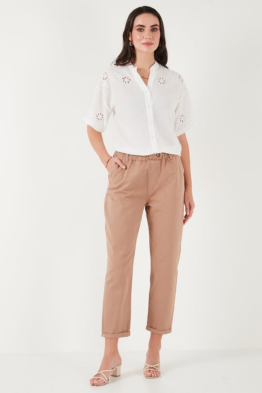 Pamuklu Standart Fit Yüksel Bel Düz Paça Kadın Pantolon 668YP4924 CAMEL