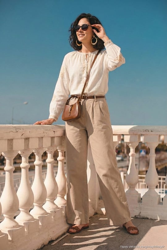 Pamuklu Wide Leg Yüksek Bel Geniş Paça Kemerli Kadın Pantolon 668YP5429 KOYU TAŞ