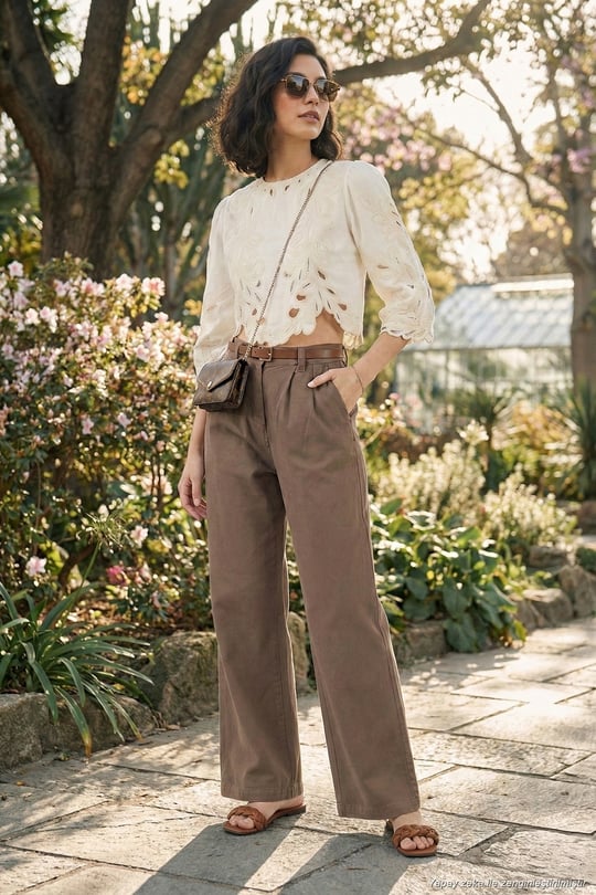 Pamuklu Wide Leg Yüksek Bel Geniş Paça Kemerli Kadın Pantolon 668YP5429 KAHVE