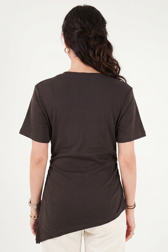 Pamuklu Yanı Büzgülü Asimetrik Kesim Bisiklet Yaka Kadın T Shirt 5867017 KAHVE