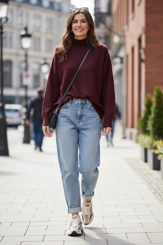 Premium Oversize Fit Balıkçı Yaka Yumuşak Dokulu Triko Kadın Kazak 680KZ00469 BORDO