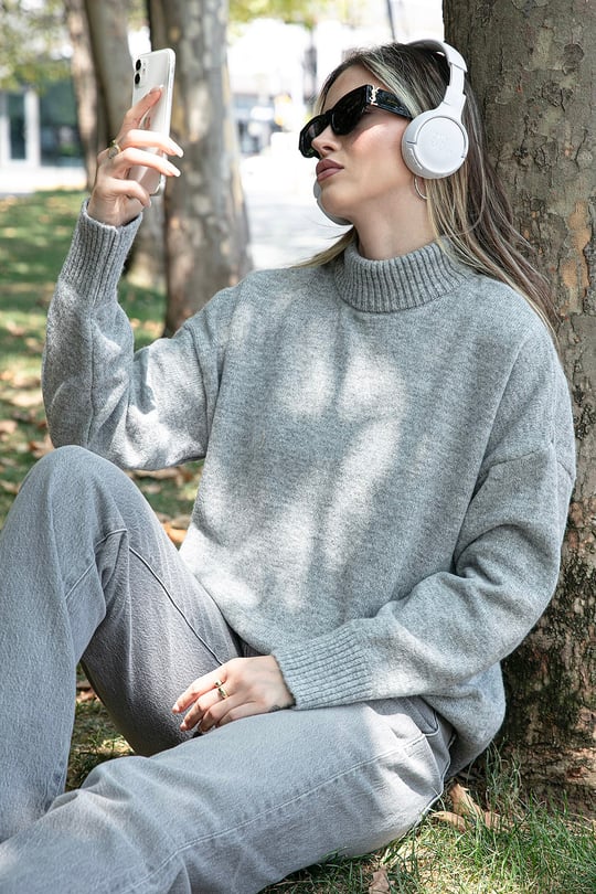 Premium Oversize Fit Balıkçı Yaka Yumuşak Dokulu Triko Kadın Kazak 680KZ00469 AÇIK GRİ