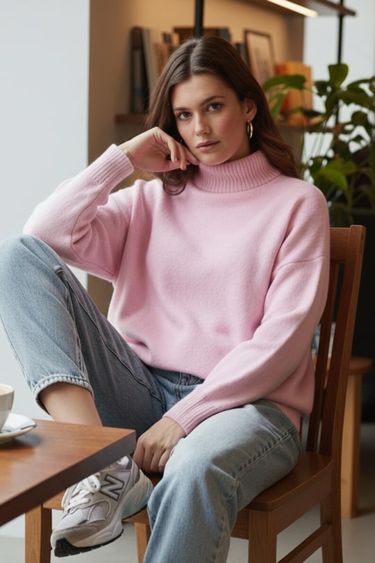 Premium Oversize Fit Balıkçı Yaka Yumuşak Dokulu Triko Kadın Kazak 680KZ00469 Şeker Pembe