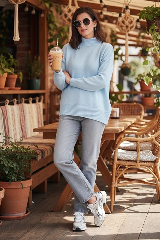 Premium Oversize Fit Balıkçı Yaka Yumuşak Dokulu Triko Kadın Kazak 680KZ00469 BEBE MAVİ