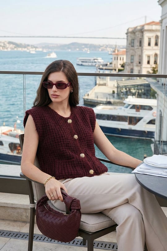 Premium Oversize Fit Bisiklet Yaka Düğmeli Örgü Kadın Yelek 680YL1416 BORDO