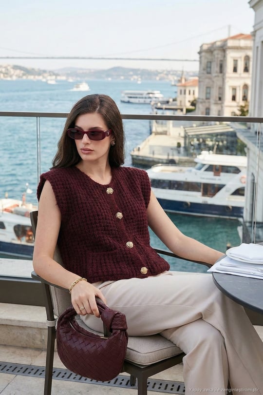 Premium Oversize Fit Bisiklet Yaka Düğmeli Örgü Kadın Yelek 680YL1416 BORDO