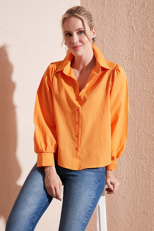 Regular Fit Balon Kollu Poplin Kadın Gömlek 611GO0153 ORANJ