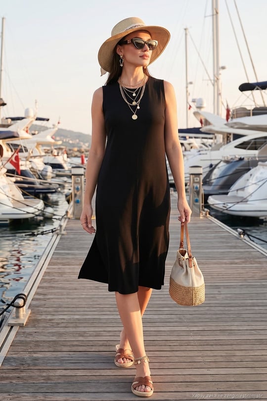 Regular Fit Bisiklet Yaka Yırtmaç Detaylı Basic Midi Kadın Elbise 5866160 SİYAH