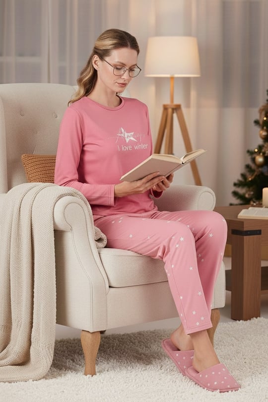 Regular Fit Desenli Bisiklet Yaka Kadın Pijama Takımı 65719102 PEMBE