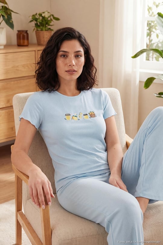 Regular Fit Desenli Bisiklet Yaka Kısa Kollu Kadın Pijama Takımı 65770823 MAVİ