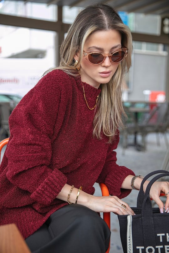 Regular Fit Dik Yaka Yumuşak Dokulu Triko Kadın Kazak 4616222 BORDO