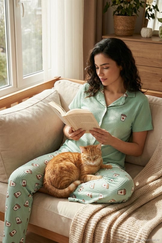 Regular Fit Gömlek Yaka Kısa Kollu Kadın Pijama Takımı 65740102 Mint-Bej