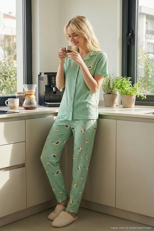 Regular Fit Gömlek Yaka Kısa Kollu Kadın Pijama Takımı 65740102 MİNT