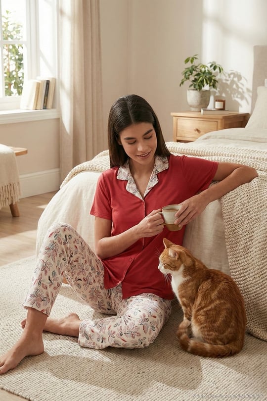 Regular Fit Gömlek Yaka Kısa Kollu Kadın Pijama Takımı 65730101 KIRMIZI