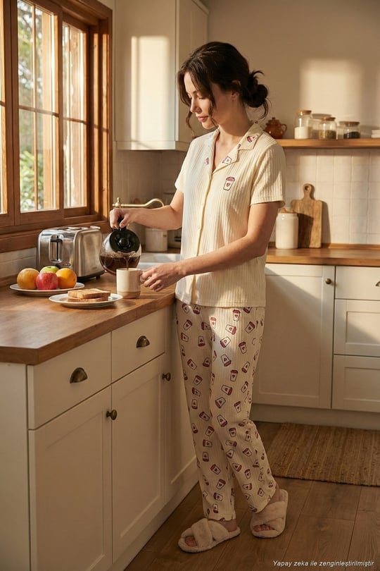 Regular Fit Gömlek Yaka Kısa Kollu Kadın Pijama Takımı 65740102 BEJ-PEMBE