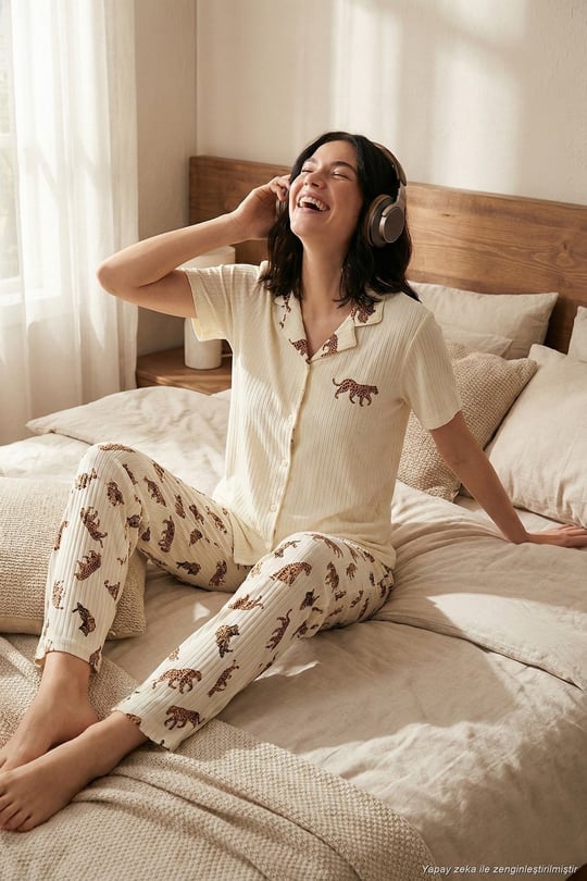 Regular Fit Gömlek Yaka Kısa Kollu Kadın Pijama Takımı 65740102 BEJ