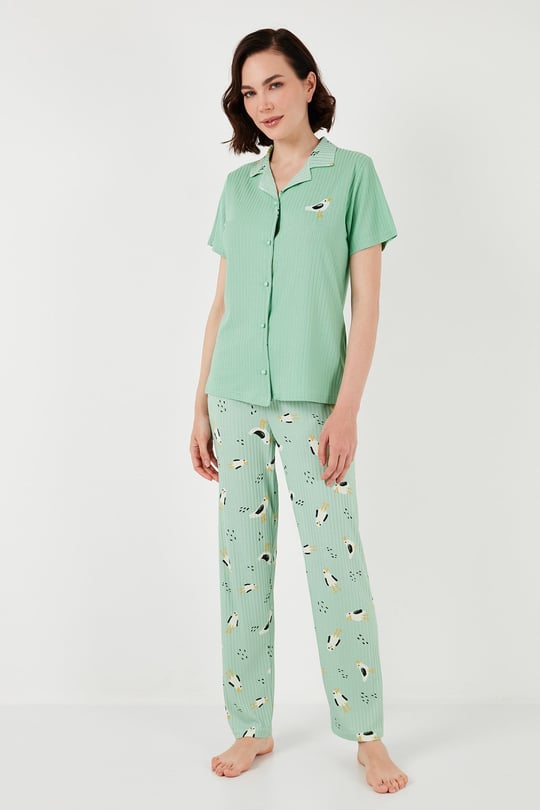 Regular Fit Gömlek Yaka Kısa Kollu Kadın Pijama Takımı 65740102 MİNT