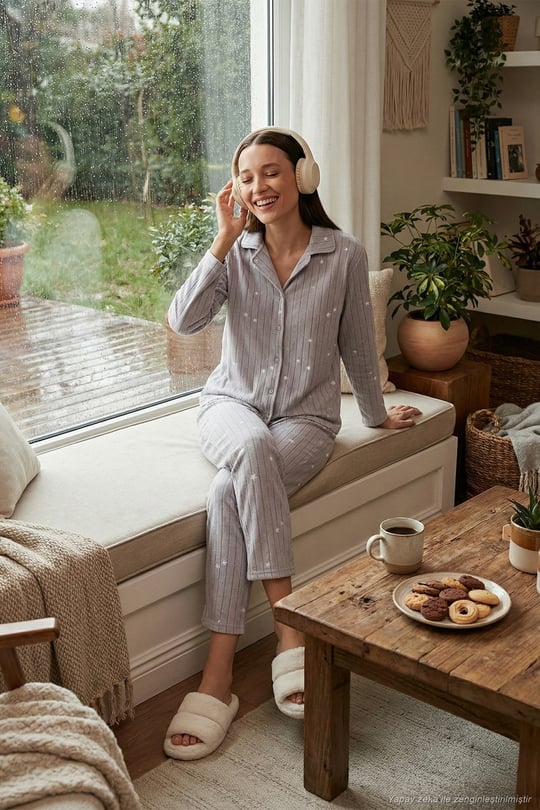 Regular Fit Gömlek Yaka Önden Düğmeli Polar Kadın Pijama Takımı 6571009W4 GRİ