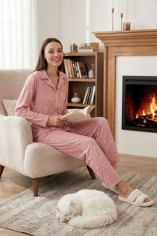 Regular Fit Gömlek Yaka Önden Düğmeli Polar Kadın Pijama Takımı 6571009W4 PUDRA