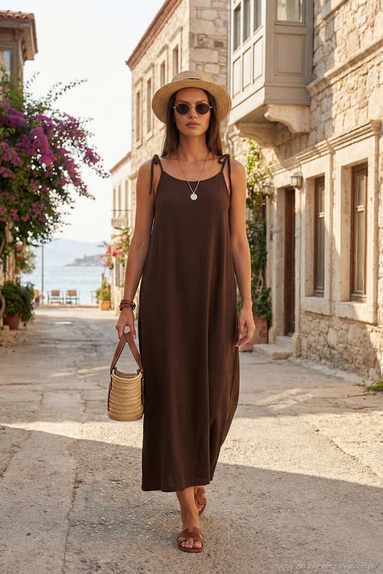 Regular Fit İp Askılı Uzun Kadın Elbise 5865732 KAHVE