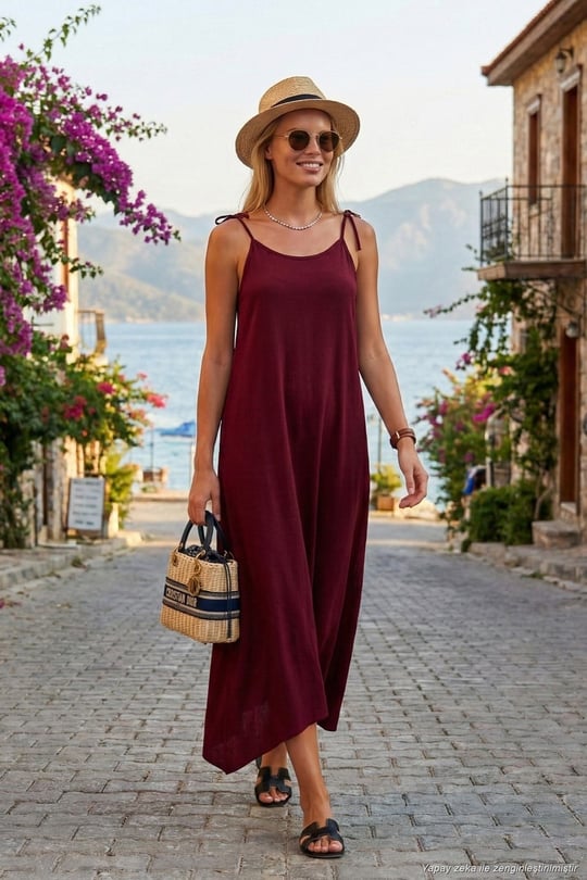 Regular Fit İp Askılı Uzun Kadın Elbise 5865732 BORDO
