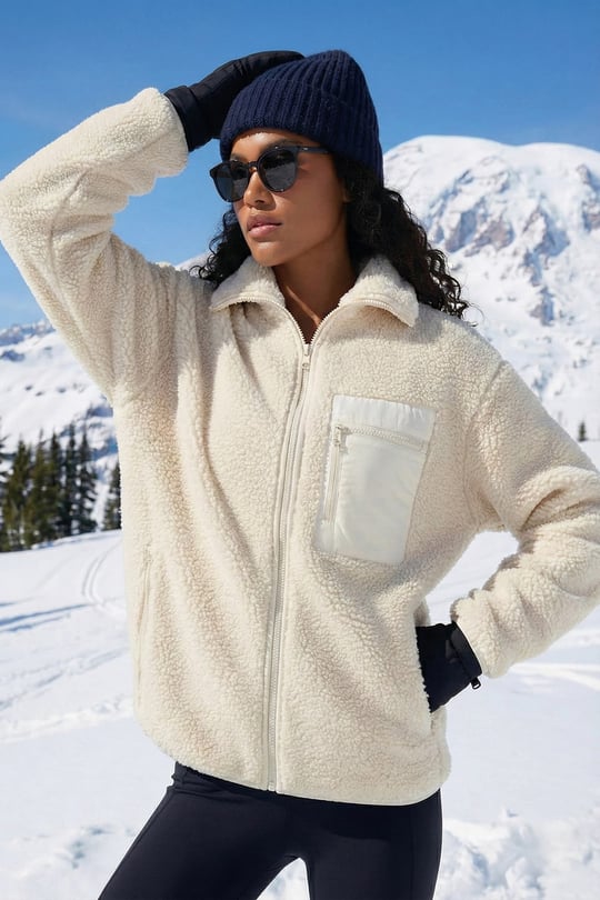 Regular Fit Klasik Yaka Göğüs Cep Detaylı Peluş Hırka Kadın Polar 5866437 KREM