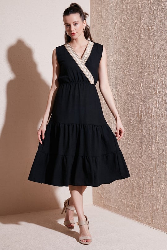 Regular Fit Kruvaze Yaka Midi Kadın Elbise 6118103 SİYAH