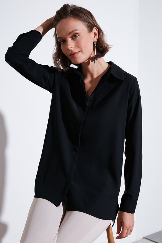 Regular Fit Önü Kısa Arkası Uzun Düz Kadın Gömlek 611GO020 SİYAH
